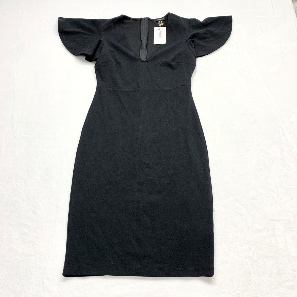 Revamped Black Flutter Sleeve V-Neck Sheath Dress Womens Size M JS30-926 Stretch